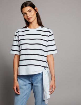Pure Cotton Striped Tie Side Jersey Top